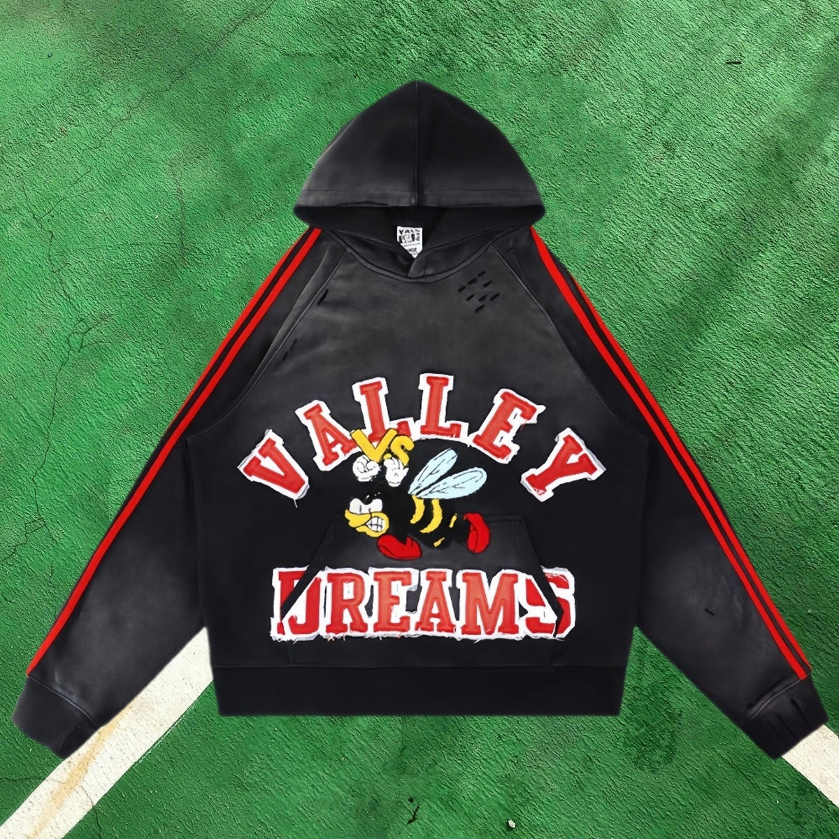 Vale Forever Vintage Sport Graphic Pullover Hoodie (Black / Red Stripes & Bee Applique)