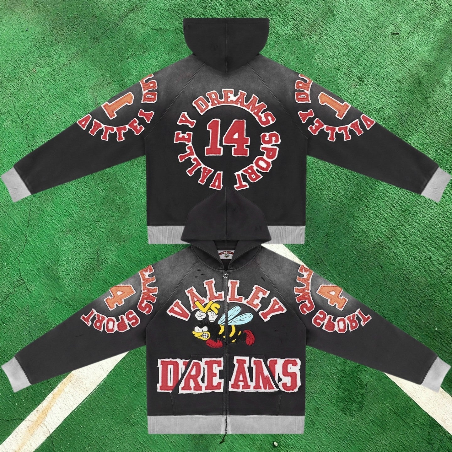 Vale Forever Graphic Full-Zip Hoodie (Washed Black / Red Accents, Bee Motif & Number 14)